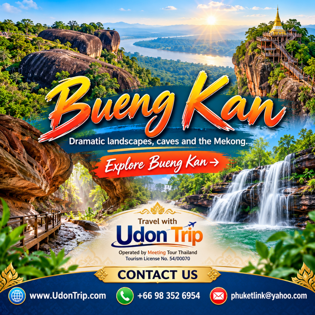 Explore Bueng Kan, one of Thailand’s most fascinating destinations along the Mekong River. Located in Northeast Thailand, Bueng Kan is known for spectacular sandstone formations, peaceful Buddhist temples, beautiful waterfalls, rich local traditions and natural landscapes.